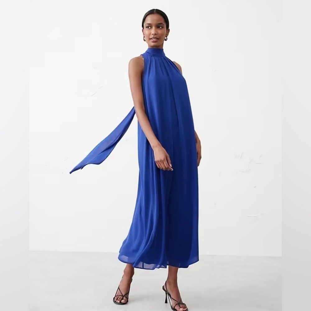 NWT! Banana Republic Cape Blue Chiffon Midi Dress - SMALL PETITE 🧵